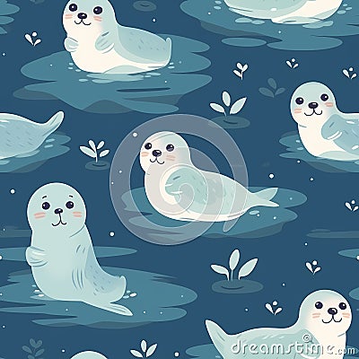 Rough drawing of cute seals swimming in the vast ocean seamless pattern Stock Photo