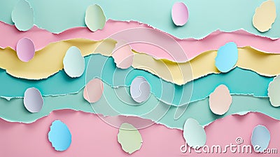 Pastel colored Easter eggs on torn paper background. Modern Easter concept. For banner, poster, greetings card, flayer, postcard Stock Photo