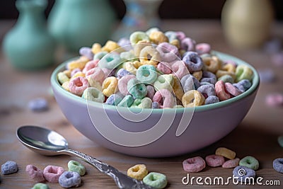 Pastel colored froot loops with small spoon. Delicious fruit cereal rings. Generative AI Cartoon Illustration