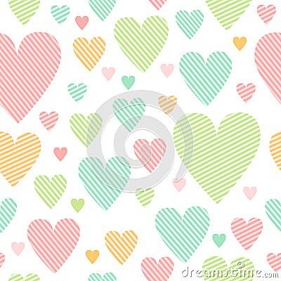 Pastel colored pink blue green and yellow simple cute striped hearts on white seamless pattern, valentine`s day Vector Illustration