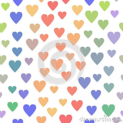 Pastel colored red blue green and yellow simple cute hearts on white seamless pattern, valentine`s day illustration Vector Illustration