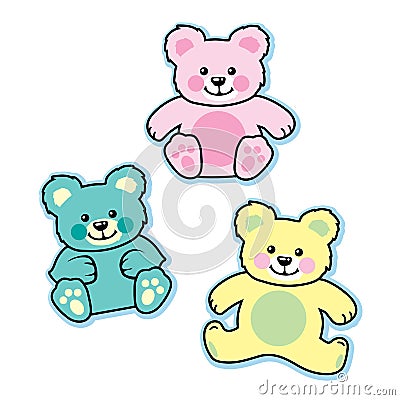 Pastel colored stuffed baby teddy bears blue pink yellow Vector Illustration