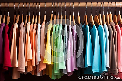 Pastel colored sweatshirts hanging in closet, emitting a fresh and stylish vibe Stock Photo