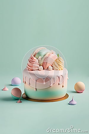 Pastel colors mini birthday cake over green background. Cartoon Illustration