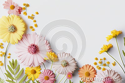 pastel coloured flowers on a white background, spring concept, Generative Ai Stock Photo