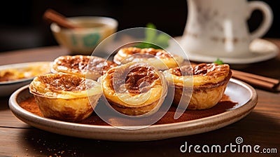 Pastel de Nata, Portuguese custard tarts, on a ceramic plate Stock Photo