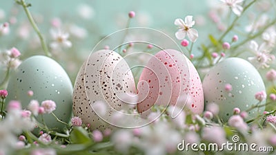 Pastel eggs, delicate lace, and dainty florals compose a refined spring background Stock Photo