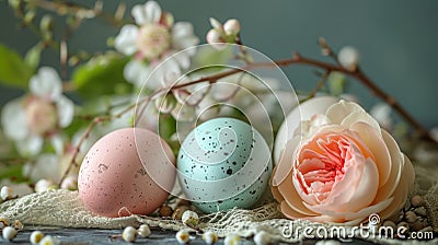 Pastel eggs, delicate lace, and dainty florals compose a refined spring background Stock Photo