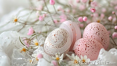 Pastel eggs, delicate lace, and dainty florals compose a refined spring background Stock Photo