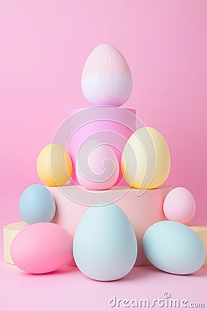 Pastel eggs in soft hues rest on geometric shapes, creating a playful spring composition Stock Photo
