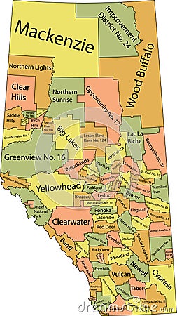 Pastel tagged administrative map of ALBERTA, CANADA Vector Illustration
