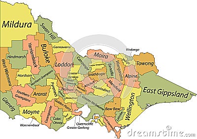 Pastel tagged map of local government areas of VICTORIA, AUSTRALIA Vector Illustration