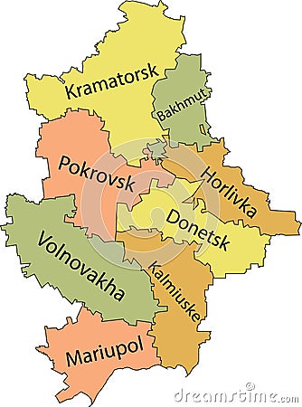 Pastel tagged map of raions of the DONETSK OBLAST, UKRAINE Vector Illustration