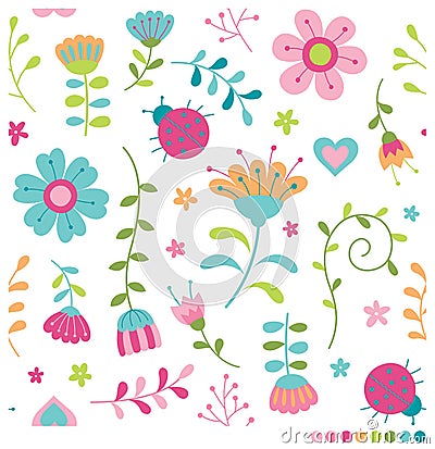 Pastel flowers and ladybugs pattern Vector Illustration