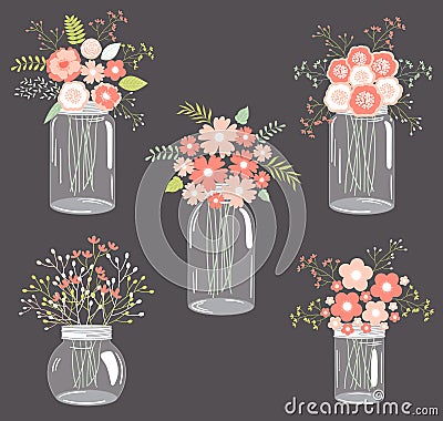 Pastel flowers in mason jars Vector Illustration