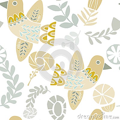 Pastel folkloric birds and flowers pattern Vector Illustration