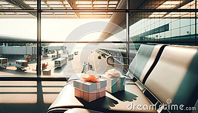 Pastel Gift Boxes on Airport Seat, Morning Light Stock Photo