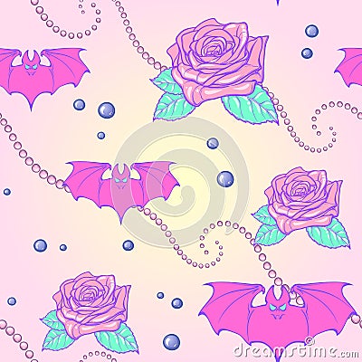 Pastel goth moon bats and pearls seamless pattern Vector Illustration