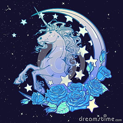 Pastel goth unicorn with crescent stars and roses greeting card Vector Illustration