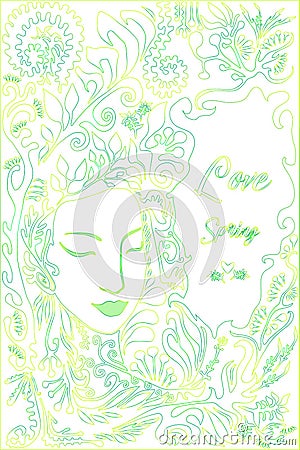 Pastel green yellow color outline,forest, girl fac, background leaves.Decorative card with place for text Vector Illustration