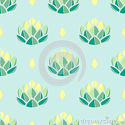 Pastel green and yellow succulents on pastel blue background. Vector Illustration