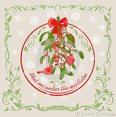 Pastel greeting vintage Christmas card with hanging decoration with bunch of mistletoe, red bow, ball, hearts, redbird toy and pap Vector Illustration