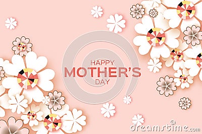 Pastel Happy Mothers Day. Brilliant stones. White Paper cut flower. Rhombus frame. Vector Illustration