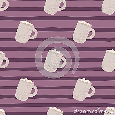 Pastel holiday winter chocolate cups with marshmallow seamless pattern. Purple striped background Cartoon Illustration
