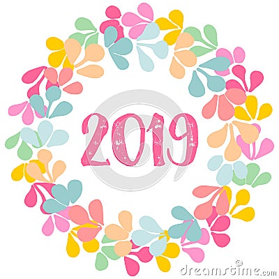 Pastel laurel vector wreath New Year 2019 frame isolated on white background Vector Illustration