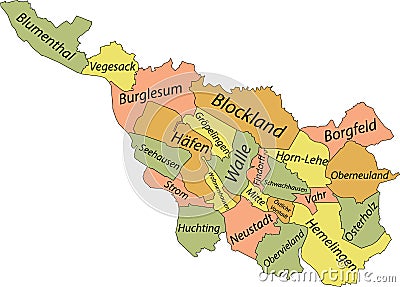 Pastel map of subdistricts of Bremen, Germany Vector Illustration