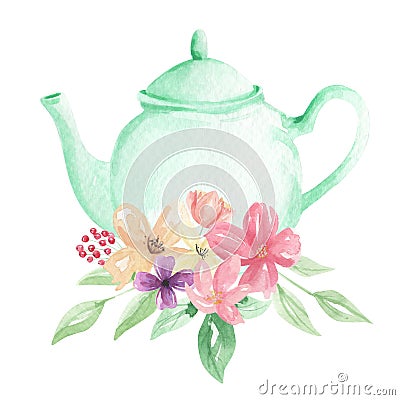 Pastel Mint Teapot Flowers Watercolor Foliage Afternoon Tea Floral Arrangement Stock Photo