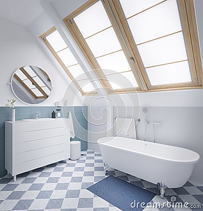 Pastel modern bathroom with big window 3d rendering Stock Photo