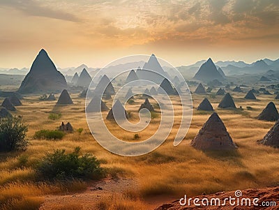 Pastel mountain landscape with golden pyramids Stock Photo