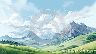 Pastel Mountain Painting On White Background With Green Lawn Stock Photo
