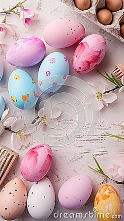 Pastel painted Easter eggs create delightful top view flat lay background Stock Photo