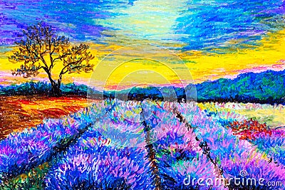 Pastel Painting - Lavender Field at Provence, France Stock Photo