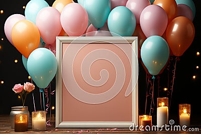 Pastel party mockup, frame, balloons, confetti, flat lay style Stock Photo