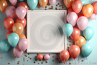 Pastel party mockup, frame, balloons, confetti, flat lay style Stock Photo