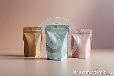Pastel Perfection: Branded Coffee and Tea Packaging Bags in Array. Stock Photo