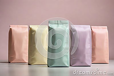 Pastel Perfection: Branded Coffee and Tea Packaging Bags in Array. Stock Photo