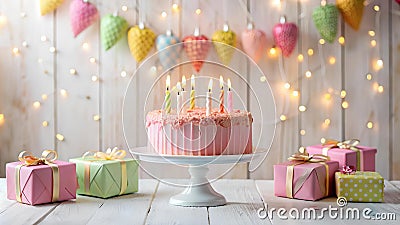 Pastel Pink Birthday Cake with Sparkling Candles on a Rustic White Wooden Table AI generated Stock Photo