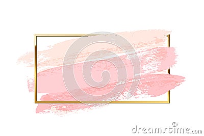 Pastel pink brush strokes with rectangle golden frame isolated on white background. Vector design element. Vector Illustration