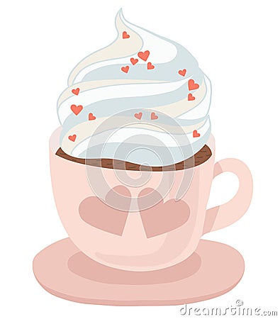 Pastel pink coffee cup with saucer, hot coffee or chocolate with whipped cream. Vector isolated illustration on white background Cartoon Illustration