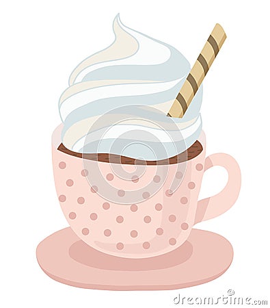 Pastel pink coffee cup with saucer, hot coffee or chocolate with whipped cream and waffle. Vector isolated illustration on white b Cartoon Illustration