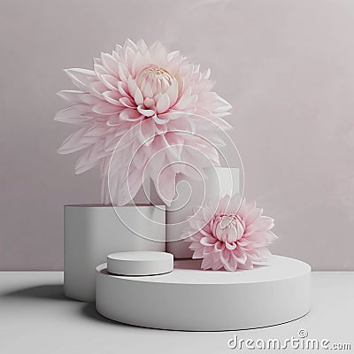 Pastel pink dahlia carnation chrysanthemum flower podium stone stage pedestal Natural mock up. Product promotion Generative AI Stock Photo