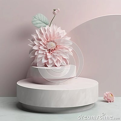 Pastel pink dahlia carnation chrysanthemum flower podium stone stage pedestal Natural mock up. Product promotion Generative AI Stock Photo