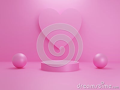 Pastel pink heart or love shaped podium stage backdrop for product display stand with sphere object minimal Cartoon Illustration