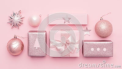 Pastel pink minimal christmas banner. Beautiful nordic christmas gifts isolated on pastel pink background. Stock Photo
