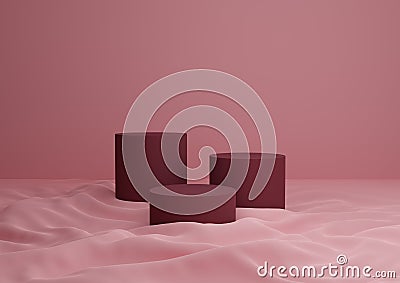 Pastel Pink and Red Composition of Three Podiums or Stands for Product Display Placed on Fabric with Neutral, Simple, Minimal Stock Photo