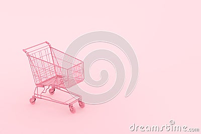 Pastel pink shopping cart on pink background. Black Friday sales minimalistic concept Stock Photo